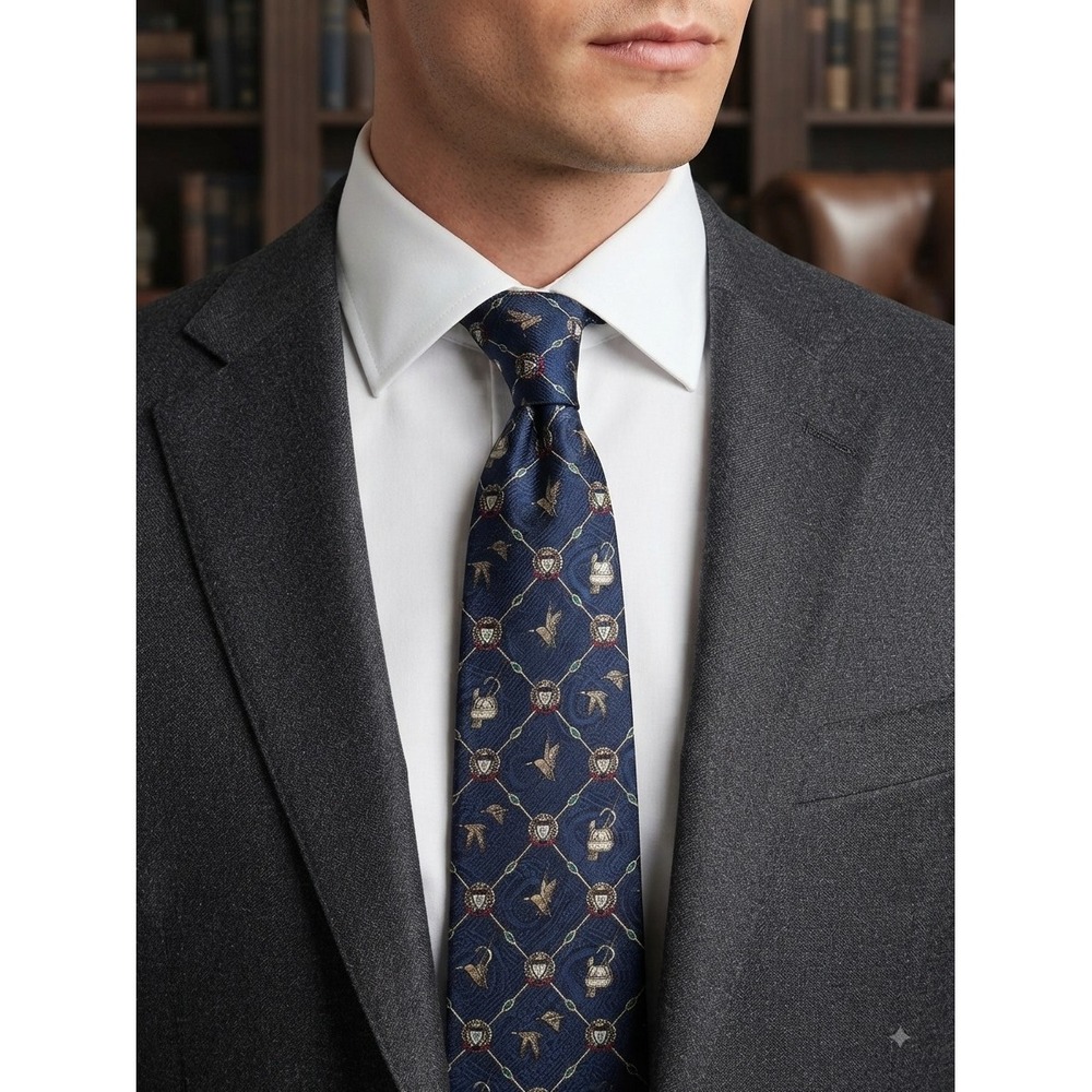 Hunt Club Men's Silk Tie Blue Ducks Lattice Pattern Necktie Duck Hunting Vintage
